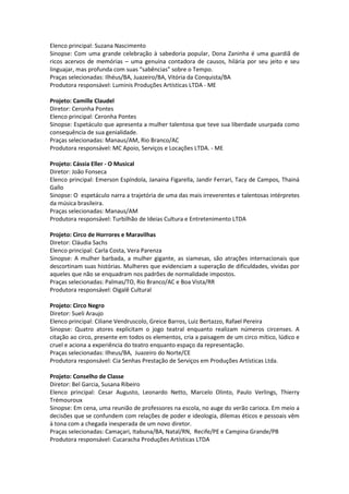 Elenco principal: Suzana Nascimento
Sinopse: Com uma grande celebração à sabedoria popular, Dona Zaninha é uma guardiã de
ricos acervos de memórias – uma genuína contadora de causos, hilária por seu jeito e seu
linguajar, mas profunda com suas “sabências” sobre o Tempo.
Praças selecionadas: Ilhéus/BA, Juazeiro/BA, Vitória da Conquista/BA
Produtora responsável: Luminis Produções Artísticas LTDA - ME
Projeto: Camille Claudel
Diretor: Ceronha Pontes
Elenco principal: Ceronha Pontes
Sinopse: Espetáculo que apresenta a mulher talentosa que teve sua liberdade usurpada como
consequência de sua genialidade.
Praças selecionadas: Manaus/AM, Rio Branco/AC
Produtora responsável: MC Apoio, Serviços e Locações LTDA. - ME
Projeto: Cássia Eller - O Musical
Diretor: João Fonseca
Elenco principal: Emerson Espíndola, Janaina Figarella, Jandir Ferrari, Tacy de Campos, Thainá
Gallo
Sinopse: O espetáculo narra a trajetória de uma das mais irreverentes e talentosas intérpretes
da música brasileira.
Praças selecionadas: Manaus/AM
Produtora responsável: Turbilhão de Ideias Cultura e Entretenimento LTDA
Projeto: Circo de Horrores e Maravilhas
Diretor: Cláudia Sachs
Elenco principal: Carla Costa, Vera Parenza
Sinopse: A mulher barbada, a mulher gigante, as siamesas, são atrações internacionais que
descortinam suas histórias. Mulheres que evidenciam a superação de dificuldades, vividas por
aqueles que não se enquadram nos padrões de normalidade impostos.
Praças selecionadas: Palmas/TO, Rio Branco/AC e Boa Vista/RR
Produtora responsável: Oigalê Cultural
Projeto: Circo Negro
Diretor: Sueli Araujo
Elenco principal: Ciliane Vendruscolo, Greice Barros, Luiz Bertazzo, Rafael Pereira
Sinopse: Quatro atores explicitam o jogo teatral enquanto realizam números circenses. A
citação ao circo, presente em todos os elementos, cria a paisagem de um circo mítico, lúdico e
cruel e aciona a experiência do teatro enquanto espaço da representação.
Praças selecionadas: Ilheus/BA, Juazeiro do Norte/CE
Produtora responsável: Cia Senhas Prestação de Serviços em Produções Artísticas Ltda.
Projeto: Conselho de Classe
Diretor: Bel Garcia, Susana Ribeiro
Elenco principal: Cesar Augusto, Leonardo Netto, Marcelo Olinto, Paulo Verlings, Thierry
Trémouroux
Sinopse: Em cena, uma reunião de professores na escola, no auge do verão carioca. Em meio a
decisões que se confundem com relações de poder e ideologia, dilemas éticos e pessoais vêm
à tona com a chegada inesperada de um novo diretor.
Praças selecionadas: Camaçari, Itabuna/BA, Natal/RN, Recife/PE e Campina Grande/PB
Produtora responsável: Cucaracha Produções Artísticas LTDA
 