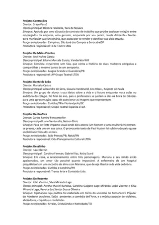Projeto: Contrações
Diretor: Grace Passô
Elenco principal: Débora Falabella, Yara de Novaes
Sinopse: Apoiada por uma cláusula do contrato de trabalho que proíbe qualquer relação entre
empregados da empresa, uma gerente, amparada por seu poder, revela diferentes facetas
para manipular sua funcionária, que acaba por se render e danificar sua vida privada.
Praças selecionadas: Campinas, São José dos Campos e Sorocaba/SP
Produtora responsável: 3 de Teatro Ltda
Projeto: De Malas Prontas
Diretor: José Nuñez Garcia
Elenco principal: Liliane Marcela Curcio, Vanderléia Will
Sinopse: Comédia irreverente sem fala, que conta a história de duas mulheres obrigadas a
compartilhar o mesmo banco de um aeroporto.
Praças selecionadas: Alagoa Grande e Guarabira/PB
Produtora responsável: AV Grupo Teatral LTDA
Projeto: Dente de Leão
Diretor: Marcelo Castro
Elenco principal: Alexandre de Sena, Glaucia Vandeveld, Lira Ribas , Raysner de Paula
Sinopse: Um grupo de alunos troca ideias sobre a vida e o futuro enquanto mata aulas no
auditório do colégio. No final do ano, pais e professores se juntam a eles na Feira de Ciências
para uma apresentação capaz de questionar as imagens que representam.
Praças selecionadas: Curitiba/PR e Florianópolis/SC
Produtora responsável: Grupo Teatral Espanca LTDA
Projeto: Dentrofora
Diretor: Carlos Ramiro Fensterseifer
Elenco principal Liane Venturella, Nelson Diniz
Sinopse: Peça de forte impacto visual onde dois atores (um homem e uma mulher) encontram-
se presos, cada um em sua caixa. O provocante texto de Paul Auster foi sublinhado pela quase
imobilidade física dos atores.
Praças selecionadas: João Pessoa/PB, Natal/RN
Produtora responsável: Cida Planejamento Cultural LTDA
Projeto: Desalinho
Diretor: Isaac Bernat
Elenco principal: Carolina Ferman, Gabriel Vaz, Kelzy Ecard
Sinopse: Em cena, o relacionamento entre três personagens. Mariana e seu irmão estão
apaixonados, um amor tão possível quanto impossível. A enfermeira de um hospital
psiquiátrico tem um encontro de alma com Mariana, que deseja libertá-la da vida ordinária.
Praças selecionadas: Curitiba e Londrina/PR
Produtora responsável: Transa Arte e Conteúdo Ltda.
Projeto: Do Repente
Diretor: João Vicente, Silva Miranda Lage
Elenco principal: Aretha Maciel Barbosa, Carolina Galgane Lage Miranda, João Vicente e Silva
Miranda Lage, Renata dos Santos Souza Oliveira
Sinopse: Espetáculo cuja poética foi elaborada em torno do universo do Romanceiro Popular
do Nordeste brasileiro. Estão presentes a comédia dell’Arte, e a música popular de violeiros,
aboiadores, coquistas e cordelistas.
Praças selecionadas: Arraias, Cristalândia e Natividade/TO
 