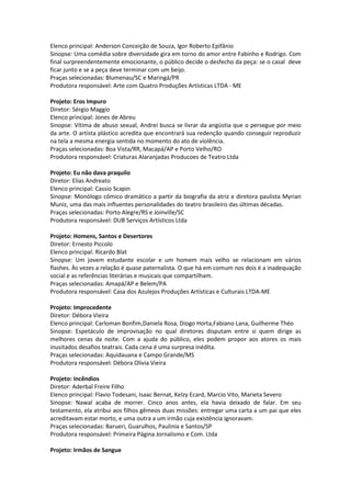 Elenco principal: Anderson Conceição de Souza, Igor Roberto Epifânio
Sinopse: Uma comédia sobre diversidade gira em torno do amor entre Fabinho e Rodrigo. Com
final surpreendentemente emocionante, o público decide o desfecho da peça: se o casal deve
ficar junto e se a peça deve terminar com um beijo.
Praças selecionadas: Blumenau/SC e Maringá/PR
Produtora responsável: Arte com Quatro Produções Artísticas LTDA - ME
Projeto: Eros Impuro
Diretor: Sérgio Maggio
Elenco principal: Jones de Abreu
Sinopse: Vítima de abuso sexual, Andrei busca se livrar da angústia que o persegue por meio
da arte. O artista plástico acredita que encontrará sua redenção quando conseguir reproduzir
na tela a mesma energia sentida no momento do ato de violência.
Praças selecionadas: Boa Vista/RR, Macapá/AP e Porto Velho/RO
Produtora responsável: Criaturas Alaranjadas Producoes de Teatro Ltda
Projeto: Eu não dava praquilo
Diretor: Elias Andreato
Elenco principal: Cassio Scapin
Sinopse: Monólogo cômico dramático a partir da biografia da atriz e diretora paulista Myrian
Muniz, uma das mais influentes personalidades do teatro brasileiro das últimas décadas.
Praças selecionadas: Porto Alegre/RS e Joinville/SC
Produtora responsável: DUB Serviços Artísticos Ltda
Projeto: Homens, Santos e Desertores
Diretor: Ernesto Piccolo
Elenco principal: Ricardo Blat
Sinopse: Um jovem estudante escolar e um homem mais velho se relacionam em vários
flashes. Às vezes a relação é quase paternalista. O que há em comum nos dois é a inadequação
social e as referências literárias e musicais que compartilham.
Praças selecionadas: Amapá/AP e Belem/PA
Produtora responsável: Casa dos Azulejos Produções Artísticas e Culturais LTDA-ME
Projeto: Improcedente
Diretor: Débora Vieira
Elenco principal: Carloman Bonfim,Daniela Rosa, Diogo Horta,Fabiano Lana, Guilherme Théo
Sinopse: Espetáculo de improvisação no qual diretores disputam entre si quem dirige as
melhores cenas da noite. Com a ajuda do público, eles podem propor aos atores os mais
inusitados desafios teatrais. Cada cena é uma surpresa inédita.
Praças selecionadas: Aquidauana e Campo Grande/MS
Produtora responsável: Débora Olivia Vieira
Projeto: Incêndios
Diretor: Aderbal Freire Filho
Elenco principal: Flavio Todesani, Isaac Bernat, Kelzy Ecard, Marcio Vito, Marieta Severo
Sinopse: Nawal acaba de morrer. Cinco anos antes, ela havia deixado de falar. Em seu
testamento, ela atribui aos filhos gêmeos duas missões: entregar uma carta a um pai que eles
acreditavam estar morto, e uma outra a um irmão cuja existência ignoravam.
Praças selecionadas: Barueri, Guarulhos, Paulinia e Santos/SP
Produtora responsável: Primeira Página Jornalismo e Com. Ltda
Projeto: Irmãos de Sangue
 