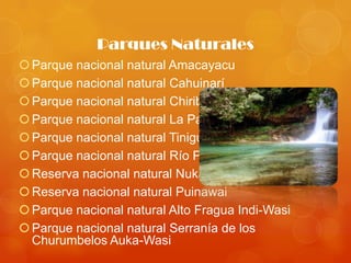 Parques Naturales
 Parque nacional natural Amacayacu
 Parque nacional natural Cahuinarí
 Parque nacional natural Chiribiquete
 Parque nacional natural La Paya
 Parque nacional natural Tinigua
 Parque nacional natural Río Puré
 Reserva nacional natural Nukak
 Reserva nacional natural Puinawai
 Parque nacional natural Alto Fragua Indi-Wasi
 Parque nacional natural Serranía de los
  Churumbelos Auka-Wasi
 