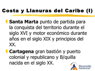 Costa y Llanuras del Caribe (I) A Cartagena llegan a mediados del siglo XVI como esclavos grandes grupos de Africa, en reemplazo de los indígenas. Para disminuir la altísima mortalidad de los negros en el viaje por hacinamiento, falta de comida y agua, Portugueses, españoles e ingleses embarcan Coco en los barcos negreros es decir, (agua proteínas y grasa) Los cocos que sobran se tiran al mar Caribe una vez se avizora el puerto y crecen entonces palmas en las costas. 