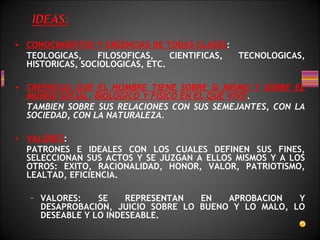 • CONOCIMIENTOS Y CREENCIAS DE TODAS CLASES:
TEOLOGICAS, FILOSOFICAS, CIENTIFICAS, TECNOLOGICAS,
HISTORICAS, SOCIOLOGICAS, ETC.
• CREENCIAS QUE EL HOMBRE TIENE SOBRE SI MISMO Y SOBRE EL
MUNDO SOCIAL, BIOLOGICO Y FISICO EN EL QUE VIVE.
TAMBIEN SOBRE SUS RELACIONES CON SUS SEMEJANTES, CON LA
SOCIEDAD, CON LA NATURALEZA.
• VALORES:
PATRONES E IDEALES CON LOS CUALES DEFINEN SUS FINES,
SELECCIONAN SUS ACTOS Y SE JUZGAN A ELLOS MISMOS Y A LOS
OTROS: EXITO, RACIONALIDAD, HONOR, VALOR, PATRIOTISMO,
LEALTAD, EFICIENCIA.
– VALORES: SE REPRESENTAN EN APROBACION Y
DESAPROBACION, JUICIO SOBRE LO BUENO Y LO MALO, LO
DESEABLE Y LO INDESEABLE.
 
