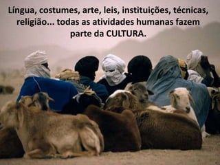 Língua, costumes, arte, leis, instituições, técnicas,
religião... todas as atividades humanas fazem
parte da CULTURA.

 