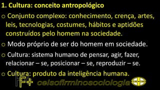 1. Cultura: conceito antropológico
o Conjunto complexo: conhecimento, crença, artes,
leis, tecnologias, costumes, hábitos e aptidões
construídos pelo homem na sociedade.
o Modo próprio de ser do homem em sociedade.
o Cultura: sistema humano de pensar, agir, fazer,
relacionar – se, posicionar – se, reproduzir – se.
o Cultura: produto da inteligência humana.
 