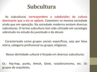 Subcultura
As subculturas correspondem a subdivisões da cultura
dominante que a ela se opõem. Coexistem na mesma sociedade
ainda que em oposição. Na sociedade moderna existem diversas
subculturas. O termo subcultura tem sido utilizado em sociologia
sobretudo no estudo da juventude e do desvio
Caracterizada como grupos sociais específicos, seja por faixa
etária, categoria profissional ou grupos religiosos.
Nossa identidade cultural é forjada em diversas subculturas.
Ex.: Hip-hop, punks, Amish, Geek, rastafarianismo, etc. Os
grupos de arquitetos.
 