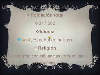 ASPECTOS GEOGRÁFICOSEl nombre original de la cabecera de Baja Verapaz, Salamá, es Tz'alam Ha', la cual significa "tablas sobre el agua".[]Salamá, Cubulco, Rabinal, San Miguel Chicaj y San Jerónimo conforman los únicos municipios de Guatemala donde el idioma materno es el achí.[]En el municipio de Cubulco, hay sitios arqueológicos poco visitados como Belejeb' Tzaq, Chilu, Los Cimientos, Nim Poco y Pueblo Viejo.San Miguel Chicaj sobresale por su inmensa iglesia católica.