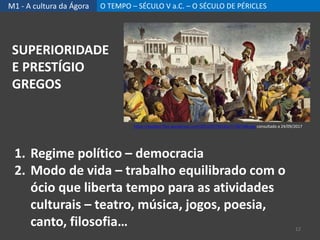M1 - A cultura da Ágora O TEMPO – SÉCULO V a.C. – O SÉCULO DE PÉRICLES
1. Regime político – democracia
2. Modo de vida – trabalho equilibrado com o
ócio que liberta tempo para as atividades
culturais – teatro, música, jogos, poesia,
canto, filosofia…
SUPERIORIDADE
E PRESTÍGIO
GREGOS
https://evaldot.files.wordpress.com/2014/07/30161217287588.jpg consultado a 24/09/2017
12
 