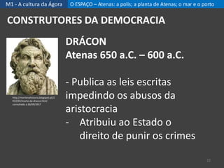M1 - A cultura da Ágora O ESPAÇO – Atenas: a polis; a planta de Atenas; o mar e o porto
22
CONSTRUTORES DA DEMOCRACIA
DRÁCON
Atenas 650 a.C. – 600 a.C.
- Publica as leis escritas
impedindo os abusos da
aristocracia
- Atribuiu ao Estado o
direito de punir os crimes
http://mortenahistoria.blogspot.pt/2
012/02/morte-de-dracon.html
consultado a 26/09/2017
 