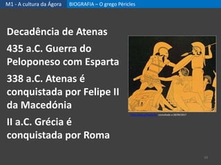 M1 - A cultura da Ágora BIOGRAFIA – O grego Péricles
33
Decadência de Atenas
435 a.C. Guerra do
Peloponeso com Esparta
338 a.C. Atenas é
conquistada por Felipe II
da Macedónia
II a.C. Grécia é
conquistada por Roma
https://goo.gl/UwVb3H, consultado a 28/09/2017
 