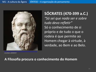 M1 - A cultura da Ágora SÍNTESE – A organização do pensamento
41
SÓCRATES (470-399 a.C.)
“Só sei que nada ser e sobre
tudo devo refletir”
Só o conhecimento de si
próprio e de tudo o que o
rodeia é que permite ao
Homem chegar à virtude, à
verdade, ao Bem e ao Belo.
http://unitedstill.com/wp-content/uploads/2015/03/socrates-2.jpg,
consultado a 28/09/2017
A Filosofia procura o conhecimento do Homem
 