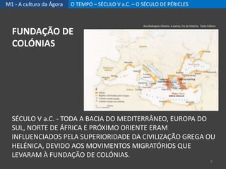 M1 - A cultura da Ágora O TEMPO – SÉCULO V a.C. – O SÉCULO DE PÉRICLES
SÉCULO V a.C. - TODA A BACIA DO MEDITERRÂNEO, EUROPA DO
SUL, NORTE DE ÁFRICA E PRÓXIMO ORIENTE ERAM
INFLUENCIADOS PELA SUPERIORIDADE DA CIVILIZAÇÃO GREGA OU
HELÉNICA, DEVIDO AOS MOVIMENTOS MIGRATÓRIOS QUE
LEVARAM À FUNDAÇÃO DE COLÓNIAS.
FUNDAÇÃO DE
COLÓNIAS
9
Ana Rodrigues Oliveira e outros, Fio da História, Texto Editora
 