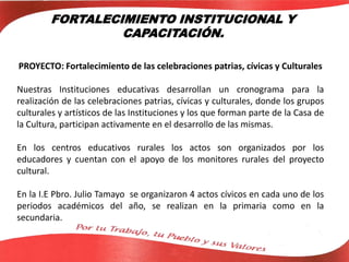FORTALECIMIENTO INSTITUCIONAL Y
CAPACITACIÓN.
PROYECTO: Fortalecimiento de las celebraciones patrias, cívicas y Culturales
Nuestras Instituciones educativas desarrollan un cronograma para la
realización de las celebraciones patrias, cívicas y culturales, donde los grupos
culturales y artísticos de las Instituciones y los que forman parte de la Casa de
la Cultura, participan activamente en el desarrollo de las mismas.
En los centros educativos rurales los actos son organizados por los
educadores y cuentan con el apoyo de los monitores rurales del proyecto
cultural.
En la I.E Pbro. Julio Tamayo se organizaron 4 actos cívicos en cada uno de los
periodos académicos del año, se realizan en la primaria como en la
secundaria.
 