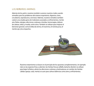 LOS REMEDIOS ANDINOS
Además de los yatiris, nosotros también curamos nuestros males usando
remedios para los problemas del sistema respiratorio, digestivo, óseo,
circulatorio, reproductor y nervioso. Además, nuestros remedios también
cubren una amplia gama de malestares asociados a enfriamientos, mal de
aire, fiebre, alergias, afecciones cutáneas y heridas, hemorragias, dolores
de cabeza, oídos y muelas, entre otros. También se utilizan para mejorar el
bienestar general, como la falta de ánimo, el insomnio, el mal de puna, el
mal de ojo y los empachos.
Nuestros tratamientos se basan en el principio de los opuestos complementarios. Un ejemplo
claro es las especies frías y calientes: las hierbas frescas (alfalfa, kañacho, llantén) se utilizan
para bajar la fiebre y aliviar las afecciones cutáneas y lastimaduras; en cambio, las hierbas
cálidas (ajenjo, ruda, menta) se usan para calmar dolencias como aires y enfriamientos.
 