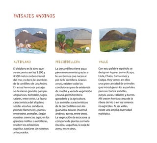 ALTIPLANO
El altiplano es la zona que
se encuentra en los 3.800 y
4.500 metros sobre el nivel
del mar, es decir, las cumbres
de la cordillera de Los Andes.
En estos hermosos paisajes
se destacan grandes pampas
altiplánicas, bofedales, lagos,
salares, entre otros. La fauna
característica del altiplano
son las vicuñas, cóndores,
parinas (flamencos), pumas,
entre otros animales. Según
nuestras creencias, aquí, en los
grandes mallkus o cordilleras,
residen los achachilas,
espíritus tutelares de nuestros
antepasados.
VALLE
Con esta palabra española se
designan lugares como Azapa,
Lluta, Chaca, Camarones y
Codpa. Hoy vemos en ellos
una gran cantidad de animales
que introdujeron los españoles
para su crianza: cabritas,
ovejas, vacas, caballos y burros.
Allí crecen hierbas cerca de la
ribera del río o en los terrenos
no agrícolas. Al ser valles,
existe una amplia diversidad
ecológica.
PRECORDILLERA
La precordillera tiene agua
permanentemente gracias a
las vertientes que nacen al
pie de la cordillera. Gracias
a esto, existen todas las
condiciones para la existencia
de mucha y variada vegetación
y fauna, permitiendo la
ganadería y la agricultura.
Los animales característicos
de la precordillera son los
guanacos, tarucas (huemul
andino), zorros, entre otros.
La vegetación de esta zona se
compone de plantas como la
rica rica, la queñoa, la cola de
zorro, entre otros.
PAISAJES ANDINOS
 