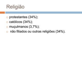 Religião
 protestantes (34%);
 católicos (34%);
 muçulmanos (3,7%);
 não filiados ou outras religiões (34%).
 