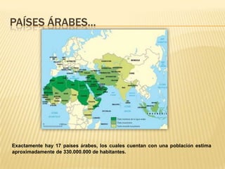 PAÍSES ÁRABES…




Exactamente hay 17 países árabes, los cuales cuentan con una población estima
aproximadamente de 330.000.000 de habitantes.
 