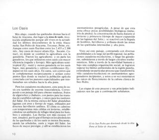 10s Oasis
Mas abajo, cuando las quebradas drenan hacia el
Salarde Atacama, dan lugara la zona de oasis,reco-
nocida ampliamente porque alli viven en la actuali-
dad 10s ultimos descendientes de la etnia Ataca-
meiia: San Pedro de Atacama, Toconao, Peine, etc.
Aunque estos oasis fluctuan entre 10s 2.433 a 2.300
mts.. hay casos de mayor altura (Ejs. Socaire, Ca-
mar), en donde se combin6 la agricultura con la
ganaderia. Fueron 10s agricultores y en parte 10s
ganaderos, 10s que utilizaron estos oasis con mayor
eficiencia (regadio y forraje). Mas agricultura semi-
tropical (Ej.: maiz) y menos ganaderia en 10s oasis
bajos, mas ganaderia y cultivos cordilleranos (Ej.:
papas) en 10s oasis altos. En suma, son centros que
se complementan reciprocamente y actuan como
puntos fijos donde se nucleo la poblacion agricola
conectadacon 10s pastores especializados que tras-
humaban sus rebaiios hacia la alta puna.
Para 10s cazadores-recolectores, esta zona de oa-
sis era tambiCn de enorme trascendencia. Corres-
ponde a un paisaje uti1para obtener maderas, frutos
de algarrobos y chafiares,con pastos para las mana-
das decamklidos salvajes,y raices para 10sroedores
del Salar. En la misma cuenca del Salar abundaban
lagunas con aves y forraje de vegas, utilizados por
diversos herviboros andinos. El clima es caluroso
con temperaturas mas calidas en invierno, estable-
ciendose un ambiente de refugio ideal para 10shom-
bres y animales. Las lluvias son mas escasas (15
mm. anuales),porlo queelforrajeen10salrededores
de las quebradas y de 10s oasis es menos frecuente,
siendo las arboledas, oasis y vegas del Salar, 10s
focos de mayor prestigio, y alli se establecieron 10s
asentamientos preagricolas. A pesar de que esta
zona ofrece pocas posibilidades litologicas (indus-
tria de piedra), la concentracion de fauna durante el
invierno y primavera (tiempo de mayor.expansion
de las lagunas del Salar,) se reactivo con la llegada
de hombres, herviboros y avifauna desde las zonas
de las quebradas intermedias y aka puna.
Visto asi este paisaje, contrastado con diversas
posibilidades a lo largo del perfii regional, las pobla-
ciones cazadoras-recolectoras, y luego las ganade-
ras, subsistieron a travks de largos circuitos trashu-
manticos. Solo a traves de la movilidad humana y
bajo una compleja organization social, se lograron
superar 10s limites ambientales de la region puneiia,
estimulando un particularproceso que transform6la
vida cazadora-recolectora en asentamientos agro-
ganaderos incipientes, y estos a su vez sustentaron
las raices de florecimiento de la cultura clasica de
San Pedro.
Las etapas de este proceso y sus principales indi-
cadores son las que a continuacion sefialamos.
El rio San Pedro que desciende desde la Alta
Puna a1 Salar de Atacama.
 