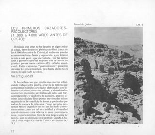 Pucard de Quitor. ’ LAM. 6
LOS PRIMEROS CAZADORES-
RECOLECTORES
(11,000 a 4.000 ANOS ANTES DE
CRISTO):
El paisaje que antes se ha descrito es algo similar
a1 actual, pero durante el pleistoceno final (cerca de
10s 9.000afios antes de Cristo), el ambiente punefio
eraaun masricoenfaunay vegetacion,y por lo tanto
reunia a mas gente que merodeaba por las tierras
altas y grandes lagos del altiplano tras la caceria de
grandes presas ahora extintas (Ej.: caballo ameri-
cano). Estos cazadores “paleoindianos” pudieron
alcanzar 10s pisos puneiios, pero hasta ahora no es
mucho lo que sake de ellos.
Su antiguedad
Se ha esclarecido que existia una enonne activi-
dad de trabajo sobre piedra, a travks de talleres que
dernuestran multiples artefactos elaborados con di-
ferentes tCcnicas, materias primas, y abandonados
en diversos momentos del trabajo de talla. Asi, bur-
dos percutores y tajadores de rodados, gruesas 1a-
minas lanceoladasy finaspuntas presionadas se han
registradoen la superficiede lomas yquebradas que
rodean la cuenca de Atacama. Como no todos pre-
sentan restos organicos no se han fechado conve-
nientemente, pero es tal su cantidad y diversidad
que obviamente estos talleres no eran contemporti-
neos, requiriendo mas bien de una larga escala de
tiernpo, aun no definidacon exactitud: Gatchi, Cha-
xas, Loma Negra,Cerros de Tulan. (Ver lamina N.0
9.)
L
I
L
12
 