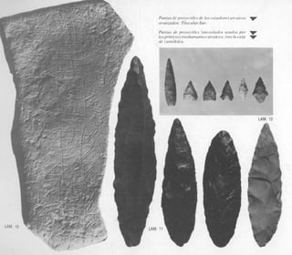 Puntas de proyectiles de 10s cazadores arcaicos
avanzados: Tilocalar-Sur.
Puntas de proyectiles lanceolados usados por 'I
losprimeros trashurnantes arcaicos,tras la caza g
de carne'lidos.
LAM. 12
 