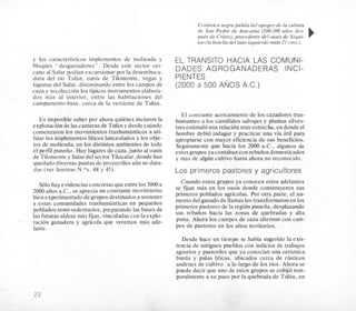 y 10s caracteristicos implementos de molienda y
bloques “desgastadores”. Desde este sector cer-
can0 al Salar podian excursionar por la desemboca-
dura del rio Tulan. oasis de Tilomonte. vegas y
lagunas del Salar, diseminando entre 10s campos de
caza y recoleccion 10stipicos instrumentos elabora-
dos m-as al interior, entre las habitaciones del
campamento-base. cerca de la vertiente de Tulan.
Es imposible saber por ahora quiches inciaron la
explotacionde las canteras de Tulin y desde cuando
comenzaron 10s movimientostrashumanticos a uti-
lizar 10s implementosliticos lanceolados y 10sobje-
tos de molienda, en 10s distintos ambientes de todo
el perfil puneiio. Hay lugares de caza,junto al oasis
de Tilomontey Salardel sector Tilocalar, donde han
quedado diversas puntas de proyectilesaun no data-
das (ver laminas N.Os. 48 y 45).
So10 hay evidenciasconcretasque entre 10s 3000a
2000 aiios a.C., se aprecia un constante movimiento
bien experimentado de gruposdestinados a sostener
a estas comunidades trashumanticas en pequeiios
poblados semi-sedentarios, preparando las bases de
las futuras aldeas mas fijas, vinculadascon la explo-
tacion ganadera y agn’cola que veremos mas ade-
lante.
Cerarnica negra pulida del apogeo de la cultura
de San Pedro de Atacama (200-300 atios des-
pups de Cristo),procedente del oasis de SPqoi-
tor(1a botella del lado izquierdo mide 21 ems.).
EL TRANSIT0 HACIA LAS COMUNI-
DADES AGROGANADERAS INCI-
PIENTES
(2.000 a 500 ANOS A.C.)
El constante acercamiento de 10s cazadores tras-
humantes a 10s camClidos salvajes y plantas silves-
tres estimulouna relacionmuy estrecha, en donde el
hombre debi6 indagar y practicar una via Gtil para
apropiarse con mayor eficiencia de sus beneficios.
Seguramente que hacia 10s 2000 a.C., algunos de
estosgrupos yacontaban con rebaiios domesticados
y mas de algun cultivo hasta ahora no reconocido.
Los‘primeros pastores y agricultores
Cuando estos grupos ya conocen estos adelantos
se fijan mas en 10s oasis donde construyeron sus
primeros poblados agricolas. Por otra parte, el au-
mento del ganadode llamas10stransformaronen 10s
primeros pastores de la region puneiia, desplazando
sus rebaiios hacia las zonas de quebradas y alta
puna. Ahora 10s campos de caza alternan con cam-
pos de pastoreo en 10s altos territorios.
Desde hace un tiempo se habia sugerido la exis-
tencia de antiguos pueblos con indicios de trabajos
agrarios y pastoriles que ya conocian una cerimica
burda y palas liticas, ubicados cerca de rGsticos
andenes de cultivo a lo largo de 10s rios. Ahora se
puede decir que uno de estos grupos se cobijo tem-
poralmente a su paso por la quebrada de Tulan, en
22
 