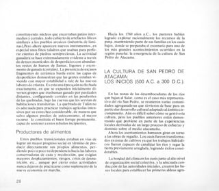 constituyendo nucleos que encerraban patios inter-
medios y corrales,todocubiertodeartefactosliticos
similares a 10s pueblos arcaicos (industria de lami-
nas).Pero ahora aparecen nuevos instrumentos, en
especial unos finos taladros que usaban para perfo-
rar cuentas de piedras semipreciosas..La actividad
ganadera se hace extremadamenteevidente a traves
de densos monticulos de desperdicios con abundan-
tes restos de huesos de llamas, fogones y excre-
mento deganado (corrales).La presenciade escasos
fragmentos de cerkmica burda entre las capas de
desperdicios demuestran que las gentes estaban vi-
viendo con mayor estabilidad a raiz de las nuevas
labores decrianza. Esesta una epoca,aun nofechada
exactamente, en que se expanden inicialmente di-
versos grupos que trashuman ganado por pastizales
distantes, configurando corrales en las pendientes
de las quebradas, bajo las cuevas que les servian de
habitaciones transitorias. La quebrada de Tulan no
es adecuada para practicar trabajos agricolas inten-
sivos por su estrechez considerable, de manera que
salvo algunos predios de autoconsumo, el mayor
recurso lo constituia el buen forraje permanente,
capazde sostenera estos rebaiios incipientes.
Productores de alimentos
Estos pueblos transicionales estaban en vias de
lograr un mayor progreso social en termino de pro-
ducir directamente sus propios alimentos, per-
diendo poco a poco su dependencia hacia las labores
conservadoras de caza y recoleccion. que exigian
mayores desplazamientos. riesgos. crisis de desnu-
tricion. etc.. aunque por cierto estas actividades
nuncadejaron de practicarsecomo suplementode la
nueva economia en marcha.
Hacia 10s 1760 aiios a.C., 10s pastores habian
logrado explotar racionalmente 10s recursos de la
puna, manteniendo parte de susfamilias en 10soasis
bajos, donde se preparaba el escenario para uno de
10s mas grandes acontecimientos ocurridos en la
region puneiia: la emergencia de la cultura de San
Pedro de Atacama.
LA CULTURA DE SAN PEDRO DE
ATACAMA:
LOS INICIOS (500 A.C. a 300 D.C.).
En las zonas de las desembocaduras de 10s rios
que bajan al Salar, como es el cas0 mas representa-
tivo del rio San Pedro, se reunieron varias comuni-
dades agroganaderas que sirvieron de base para un
particulardesarrollocultural adaptadoa1Bmbitocir-
cumpuneiio. Aun es dificil saber c6mo se gest6esta
cultura, per0 10s pueblos anteriores estan demos-
trando que probiene en parte de las experiencias
locales derivadas de un largo proceso de esfuerzo y
domini0 sobre el medio atacameiio.
Ahora 10s asentamientos humanos giran en torno
a las obras de regadio. Los oasis fueron transforma-
dos en areas de cultivos ya que 10s trabajos hidrauli-
cos fueron capaces de canalizar 10s rios y regar la
tierra previamente arreglada, logrando exitosconsi-
derables.
La bodad del clima en 10s oasisjuntoa1alto nivel
de organizacion socialcolectiva, y la adecuadacon-
duccion de las autoridades iniciales, crearon las ba-
ses locales para establecerlas primeras aldeas agra-
26
 