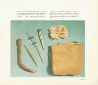 Conjunto de instrumentos usados en la artesa-
nia textildurante las etapastardias de laCultura
de San Pedro. De derecha a izquierda: a)
“Peine” o “Tejne” para apretar la trama, b)
“Illagua” o levantador de trama, c) Puska
hilador, d) vichuha o apretador de trama, e,
velldn de lana con agujas de cactus,fl camisdn
elaborado con tkcnica de telar (largo de 31,5
cm.).
LAM. 39
r:
 