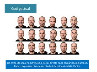 Codi gestual 
Els gestos tenen una significació clara i directa en la comunicació humana. 
Poden expressar diverses actituds, intencions i estats d’ànim. 
 