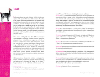 Knowing the aimara culture | 109 || 108 | Knowing the aimara culture
In Aymara culture, the cycles of nature and the circular con-
ception of life organize their vision of the narrative.“According
to the Aymara legend the current world of the sun is born from
a mythical cataclysm in which the sun, bursting into the world
of darkness, burns it: Thus began the time of the sun: before
that the gentiles lived in chullpas.The sun had not yet appeared.
In the sky only the moon resided. Then the people were told
that the sun was coming. They thought it came from the West.
So they built their houses with thick walls and little doors to
the east, to avoid burns. Only a few sank into the water and
they were saved”13
.
Also, stories and legends from their different ecological
zones: altiplano or highlands, foothills, valleys, desert and
city, and revolve around Andean reciprocity and order of
things, in which human beings, their environment and all
the living dwell in harmony and balance. The stories and
songs called sallqa de los animales are referring to the beings
that inhabit nature: the condor, the fox, the quirquincho or
armadillo, the hummingbird, the vicuña, among others. To
the Aymara, there were animals before people, so the the
male condor is called Mariano and female called María,
and attributed human characteristics such as deceit, greed
and disobedience14
.
All these stories are of oral origin and have a pedagogical in-
tention according to rules and principles of the community
that still survive in them such as “respect for the elderly”,
“respect and care for the traditions” and “community work
TALES
13. Mena, Rosario.“La Cosmovisión aymara”. www.nuestro.cl
14. Serrano, Bruno et al. 2006.“Parlama Amawt’aña. Cuentos de la Madre Tierra”.
or task”. Some of the elements that bring these stories to life are:
The hills:This is a fundamental element in the Aymara culture, representing the
protection of a father or mother to their children. Every community has one or
more protective hills, and according to their shape and size they are assigned
gender. Mallku represents a protective and male hill and T’alla represents a female
one. The stories and myths of how these protecting characters were related to
human history along time is abound in every village, and tell stories on how they
married, how they quarreled or mention their children.
The Fox: It is always identified as a cunning animal, and in the tales is found
as a character that fools and creates entanglements to achieve its goals, but in
the end always lose.
The Condor: Is a sacred character, which belongs to the Mallkus and T’allas, always
appears in the stories as majestic, with great authority, and catching a glimpse
of it on a walk is a sign of good fortune.
The Puma: the puma is also a sacred character, which belongs to the Mallkus and
T’allas; in the stories it represents courage and strength.
TheVizcacha:Thisisananimalthatrepresentshumility,associatedinthestorieswith
the poor, uneducated and ignorant.
The Quirquincho:This animal is a protector of households, in the stories it always
delivers protection and punishes the bandits. For this reason, all households have
a Quirquincho at home.
The Lizard: In the tales represents luck, good fortune and money. In other stories an-
nouncesthearrivalofasonordaughter-in-law,sothatforparentsitbecomesananno-
yance that should not be allowed to enter the house or be thrown away.
The Snake: The snake or Amaru, represents wisdom.
The Toad: In the stories always announces rain.
 