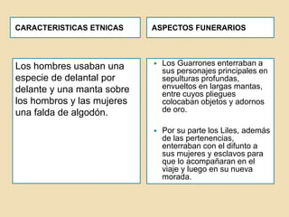 CARACTERISTICAS ETNICAS ASPECTOS FUNERARIOS
Los hombres usaban una
especie de delantal por
delante y una manta sobre
los hombros y las mujeres
una falda de algodón.
 Los Guarrones enterraban a
sus personajes principales en
sepulturas profundas,
envueltos en largas mantas,
entre cuyos pliegues
colocaban objetos y adornos
de oro.
 Por su parte los Liles, además
de las pertenencias,
enterraban con el difunto a
sus mujeres y esclavos para
que lo acompañaran en el
viaje y luego en su nueva
morada.
 