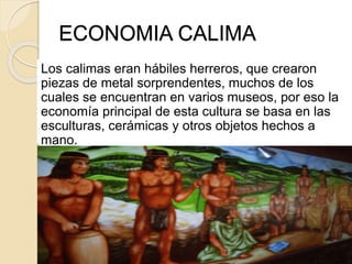 ECONOMIA CALIMA
Los calimas eran hábiles herreros, que crearon
piezas de metal sorprendentes, muchos de los
cuales se encuentran en varios museos, por eso la
economía principal de esta cultura se basa en las
esculturas, cerámicas y otros objetos hechos a
mano.
 