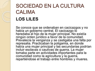 SOCIEDAD EN LA CULTURA
CALIMA
LOS LILES
Se conoce que se ordenaban en cacicazgos y no
había un gobierno central. El cacicazgo lo
heredaba el hijo de la mujer principal. No existía
ningún orden jurídico a favor de la comunidad.
Prevalecía la venganza y se castigaba una falta por
represalia. Practicaban la poligamia, en donde
había una mujer principal y las secundarias podrían
incluir esclavas o cautivas de guerra. La mujer
tomaba parte en actividades importantes para la
comunidad como la agricultura y la guerra,
repartiéndose el trabajo entre hombres y mueres.
 