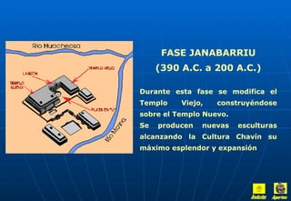 FASE JANABARRIU (390 A.C. a 200 A.C.) Durante esta fase se modifica el Templo Viejo, construyéndose sobre el Templo Nuevo. Se producen nuevas esculturas alcanzando la Cultura Chavín su máximo esplendor y expansión Inicio Aportes 