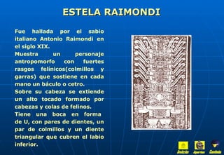 Fue hallada por el sabio italiano Antonio Raimondi en el siglo XIX. Muestra un personaje antropomorfo con fuertes rasgos felínicos(colmillos y garras) que sostiene en cada mano un báculo o cetro. Sobre su cabeza se extiende un alto tocado formado por cabezas y colas de felinos. Tiene  una  boca  en  forma  de U, con pares de dientes, un par de colmillos y un diente triangular que cubren el labio inferior. ESTELA RAIMONDI Inicio Aportes Continúa 