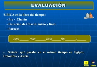 EVALUACIÓN UBICA en la línea del tiempo: - Pre -  Chavín  - Duración de Chavín: inicio y final. - Paracas Señala: qué pasaba en el mismo tiempo en Egipto,  Colombia y Asíria. 2000 ______ 1500_______1000______500_______0______ Inicio Continúa 