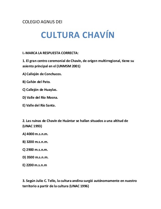 Resultado de imagen para examen sobre la cultura chavin primaria