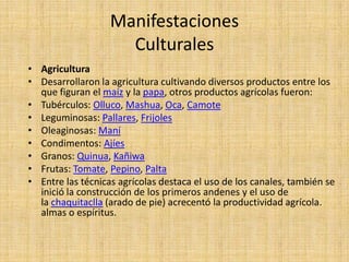 Manifestaciones
                     Culturales
• Agricultura
• Desarrollaron la agricultura cultivando diversos productos entre los
  que figuran el maíz y la papa, otros productos agrícolas fueron:
• Tubérculos: Olluco, Mashua, Oca, Camote
• Leguminosas: Pallares, Frijoles
• Oleaginosas: Maní
• Condimentos: Ajíes
• Granos: Quinua, Kañiwa
• Frutas: Tomate, Pepino, Palta
• Entre las técnicas agrícolas destaca el uso de los canales, también se
  inició la construcción de los primeros andenes y el uso de
  la chaquitaclla (arado de pie) acrecentó la productividad agrícola.
  almas o espíritus.
 