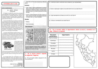 Monumento
arquitectónico
Departamento
Chavín de Huántar
………………………………………………………..
Kunturhuasi
………………………………………………………..
Pacopampa
………………………………………………………..
Caballo Muerto
………………………………………………………..
Moxeque
………………………………………………………..
Sechín
………………………………………………………..
Garagay
………………………………………………………..
Actividades para la casa
I.- De la lectura anterior responde
las siguientes Preguntas:
a).- ¿De qué objetos estaba compuesto él arte
lítico de Chavín?
…………………………………………………………………………………………
…………………………………………………………………………………………
…………………………………………………………………………………………
…………………………………………………………………………………………
.
b).- ¿Cuál era el motivo central del vaso ceremonial y que representaba?
…………………………………………………………………………………………………………………………………………………………………………………………………
…………………………………………………………………………………………………………………………………………………………………………………………………
…………………………………………………………………………………………………………………………………………………………………………………………………
c).-Explica ¿Qué papel cumplía el sacerdote dentro de la sociedad Chavín?
…………………………………………………………………………………………………………………………………………………………………………………………………
…………………………………………………………………………………………………………………………………………………………………………………………………
…………………………………………………………………………………………………………………………………………………………………………………………………
d).- ¿Qué representan los dioses en el arte lítico de Chavín?
…………………………………………………………………………………………………………………………………………………………………………………………………
…………………………………………………………………………………………………………………………………………………………………………………………………
e).- ¿Cómo es considerada la sociedad Chavín?
…………………………………………………………………………………………………………………………………………………………………………………………………
…………………………………………………………………………………………………………………………………………………………………………………………………
…………………………………………………………………………………………………………………………………………………………………………………………………
II.- En el recuadro señala el departamento donde se ubican y coloréalos en el
mapa. (Elabora su leyenda)
 