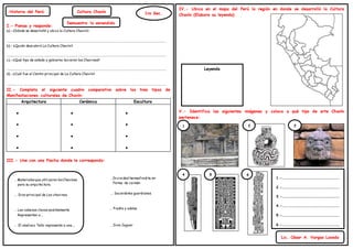 I.- Piensa y responde:
a).- ¿Dónde se desarrolló y ubico la Cultura Chavín?
……………………………………………………………………………………………………………………………………………………………………………………………
b).- ¿Quién descubrió La Cultura Chavín?
……………………………………………………………………………………………………………………………………………………………………………………………
c).- ¿Qué tipo de estado y gobierno tuvieron los Chavines?
……………………………………………………………………………………………………………………………………………………………………………………………
d).- ¿Cuál fue el Centro principal de La Cultura Chavín?
……………………………………………………………………………………………………………………………………………………………………………………………
II.- Completa el siguiente cuadro comparativo sobre los tres tipos de
Manifestaciones culturales de Chavín:
Arquitectura Cerámica Escultura












III.- Une con una flecha donde le corresponda:
.Divinidad hermafrodita en
Forma de caimán
. Sacerdotes guardianes.
. Piedra y adobe.
. Dios Jaguar
IV.- Ubica en el mapa del Perú la región en donde se desarrolló la Cultura
Chavín (Elabora su leyenda)
V.- Identifica las siguientes imágenes y coloca a qué tipo de arte Chavín
pertenece:
Demuestro lo aprendido
Cultura Chavín 1ro Sec.Historia del Perú
Leyenda
1.-……………………………………………………………………
2.-……………………………………………………………………
3.-……………………………………………………………………
4.-……………………………………………………………………
5.-……………………………………………………………………
6.-……………………………………………………………………
1 2 3
Lic. César A. Vargas Lavado
4 5 6
. Materiales que utilizaron losChavines
para su arquitectura.
. Dios principal de Los chavines.
. Las cabezas clavas posiblemente
Representan a...
. El obelisco Tello representa a una….
 
