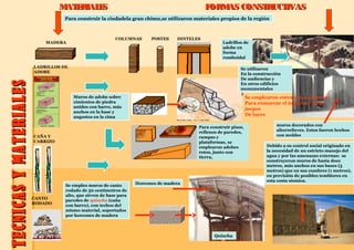 TECNICASYMATERIALESTECNICASYMATERIALES Para construir la ciudadela gran chimu,se utilizaron materiales propios de la región
MATERIALESMATERIALES FORMAS CONSTRUCTIVASFORMAS CONSTRUCTIVAS
Para construir pisos,
rellenos de paredes,
rampas y
plataformas, se
emplearon adobes
rotos, junto con
tierra,
LADRILLOS DE
ADOBE
CAÑA Y
CARRIZO
MADERA
CANTO
RODADO
PAJA
COLUMNAS POSTES DINTELES
Muros de adobe sobre
cimientos de piedra
unidos con barro, más
anchos en la base y
angostos en la cima
Se empleo muros de canto
rodado de 50 centímetros de
alto, que sirven de base para
paredes de quincha (caña
con barro), con techos del
mismo material, soportados
por horcones de madera
Horcones de madera
Quincha
Ladrillos de
adobe en
forma
romboidal
Se utilizaron
En la construcción
De audiencias y
En otros edificios
monumentales
Debido a su control social originado en
la necesidad de un estricto manejo del
agua y por las amenazas externas: se
construyeron muros de hasta doce
metros, más anchos en sus bases (5
metros) que en sus cumbres (1 metros),
en previsión de posibles temblores en
esta costa sísmica.
Se emplearon entrantes y salientes
Para enmarcar el ingreso y crear
juegos
De luces
muros decorados con
altorrelieves. Estos fueron hechos
con moldes
 