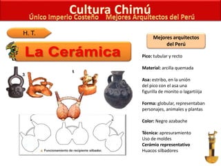 H. T.
Mejores arquitectos
del Perú
Pico: tubular y recto
Material: arcilla quemada
Asa: estribo, en la unión
del pico con el asa una
figurilla de monito o lagartiiija
Forma: globular, representaban
personajes, animales y plantas
Color: Negro azabache
Técnica: apresuramiento
Uso de moldes
Cerámio representativo
Huacos silbadores
 