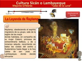 700 1400
EL INTERMEDIO TARDÍO
Diosificación de
Ñaymlap
Naylamp, obedeciendo el espíritu
migratorio de su grupo, sale de la
región de los maya
donde habitaba, en compañía de
su mujer Ceterni, princesa de
extraordinaria belleza, y de u
inmenso séquito, recorriendo en
balsa las costas del centro y
Sudamérica hasta llegar a la hoy
caleta de san José, en
Lambayeque, donde decide
afincarse
 