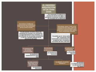 EL UNIVERSO
ARQUITECTÓNI
CO DE CHAN
CHAN
Fue construido a lo largo de un
proceso de más de seis siglos, lo
que generó variaciones notables en
los conceptos de su edificación

Sus formas se modificarían
constantemente por la dinámica de
su uso, por uno o dos terremotos y
por los cambios sociales

En este proceso, la trama urbana iba
cambiando de acuerdo a su crecimiento,
al engrandecimiento de la sociedad, a la
centralización de los pueblos conquistados
y a los rea- comodos políticos en las
estructuras del poder.

La arquitectura de
los recintos
monumentales
la arquitectura
residencial de la clase
baja

los sitios previos a
Chan Chan en el
valle de Moche
la arquitectura
intermedia

Este paisaje “urbano”, donde se fue
construyendo Chan Chan, había sido
ocupado por otras sociedades, cuyos
rastros de su existencia están visibles y
tienen compromisos culturales

Es posible que la forma tardía
que conocemos, haya
comenzado su planeamiento en
la segunda fase, al establecer
sus bordes del este y del oeste.

las estructuras
en forma de “U”

Los patrones de
subsistencia

Las plataformas
funerarias

Los desarrollos
regionales

La calzada y el camino
troncal o A

los estudios
cronológicos basados
en una seriación de
los adobes

 