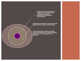 Dentro de las áreas excavadas se
evidenció que el material que lo
constituye es de tierra y
piedrecillas de consistencia
semicompacta.

El piso sólo se evidencia en la base interior de
los muros, mas no así en su parte central

Para construir pisos, rellenos de paredes,
rampas y plataformas, se emplearon adobes
rotos, junto con tierra, piedras y otros
desechos.

 