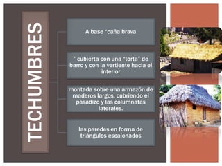 TECHUMBRES

A base “caña brava

” cubierta con una “torta” de
barro y con la vertiente hacia el
interior
montada sobre una armazón de
maderos largos, cubriendo el
pasadizo y las columnatas
laterales.
las paredes en forma de
triángulos escalonados

 