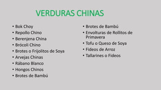 VERDURAS CHINAS
• Bok Choy
• Repollo Chino
• Berenjena China
• Brócoli Chino
• Brotes o Frijolitos de Soya
• Arvejas Chinas
• Rábano Blanco
• Hongos Chinos
• Brotes de Bambú
• Brotes de Bambú
• Envolturas de Rollitos de
Primavera
• Tofu o Queso de Soya
• Fideos de Arroz
• Tallarines o Fideos
 