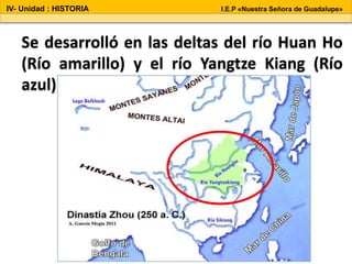 Se desarrolló en las deltas del río Huan Ho
(Río amarillo) y el río Yangtze Kiang (Río
azul).
IV- Unidad : HISTORIA I.E.P «Nuestra Señora de Guadalupe»