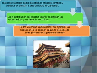Tanto las viviendas como los edificios oficiales, templos y
palacios se ajustan a este principio fundamental.
En la distribución del espacio interior se reflejan los
valores éticos y sociales de los chinos.
En las viviendas tradicionales, por ejemplo, las
habitaciones se asignan según la posición de
cada persona en la jerarquía familiar
 