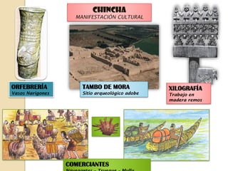 CHINCHA
MANIFESTACIÓN CULTURAL
TAMBO DE MORA
Sitio arqueológico adobe
ORFEBRERÍA
Vasos Narigones
XILOGRAFÍA
Trabajo en
madera remos
COMERCIANTES