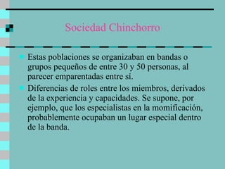 Sociedad Chinchorro Estas poblaciones se organizaban en bandas o grupos pequeños de entre 30 y 50 personas, al parecer emparentadas entre sí.  Diferencias de roles entre los miembros, derivados de la experiencia y capacidades. Se supone, por ejemplo, que los especialistas en la momificación, probablemente ocupaban un lugar especial dentro de la banda.  