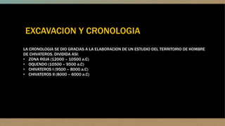 EXCAVACION Y CRONOLOGIA
LA CRONOLOGIA SE DIO GRACIAS A LA ELABORACION DE UN ESTUDIO DEL TERRITORIO DE HOMBRE
DE CHIVATEROS. DIVIDIDA ASI:
• ZONA ROJA (12000 – 10500 a.C)
• OQUENDO (10500 – 9500 a.C)
• CHIVATEROS I (9500 – 8000 a.C)
• CHIVATEROS II (8000 – 6000 a.C)
 